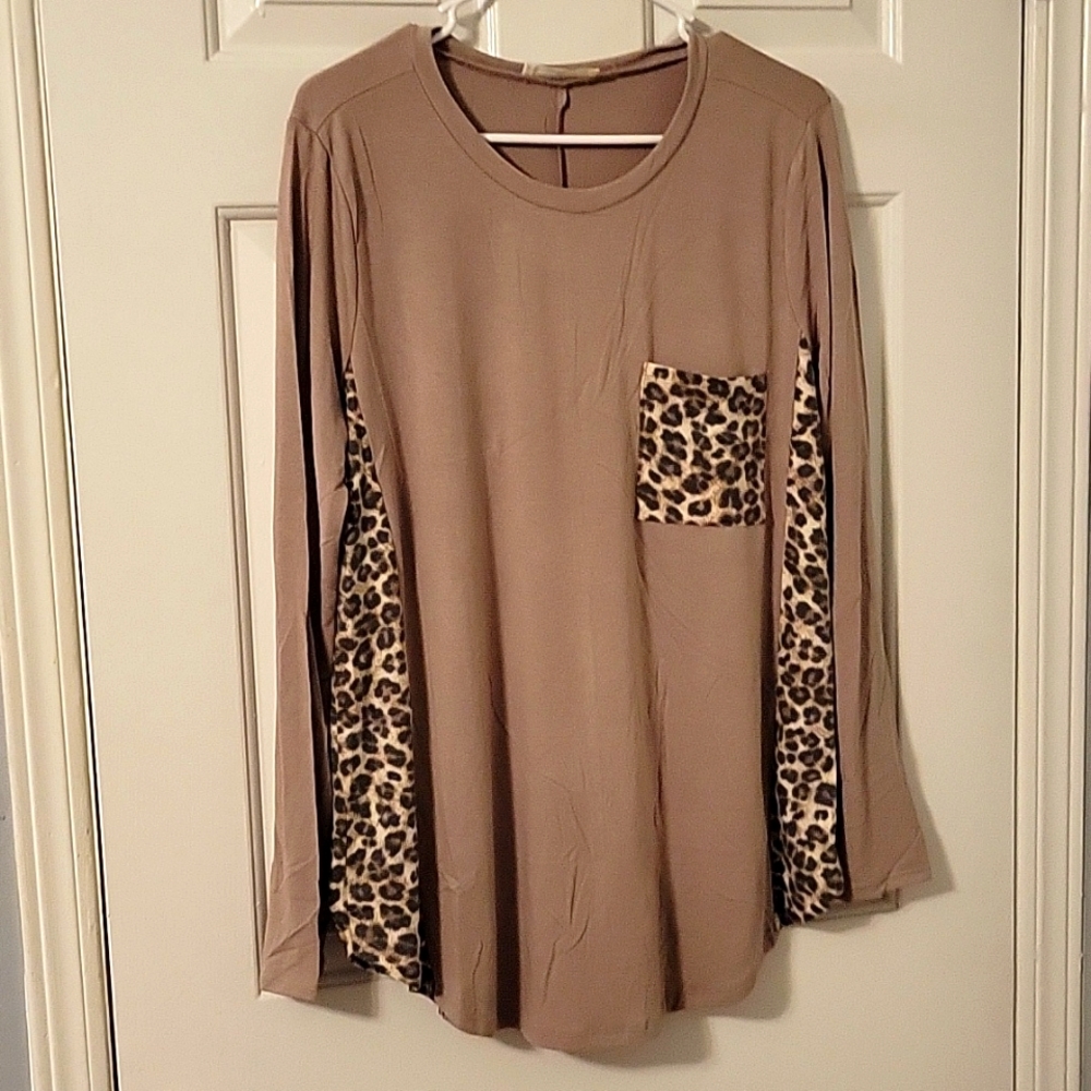 Tan and leopard print long sleeve blouse